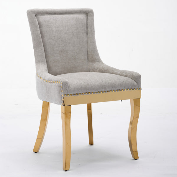 English Elm Chenille Modern Dining Chair with Curved Gold-Plated Legs, Rivet Trim, Textured Upholstery Comfort Beige W1143P332684