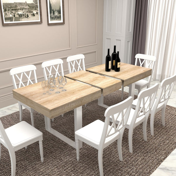 English Elm Extendable Faux Marble Dining Table with V-Legs — Sleek Expandable Conference & Kitchen Centerpiece for 6–10 White+Oak W1347S00005