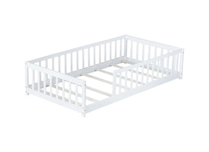 English Elm Twin Solid Rubberwood Floor Bed with Full Perimeter Safety Rails for Toddler Rooms White W504P296795