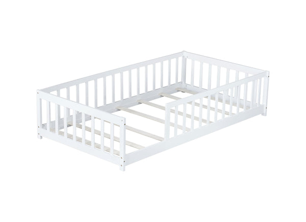English Elm Twin Solid Rubberwood Floor Bed with Full Perimeter Safety Rails for Toddler Rooms White W504P296795
