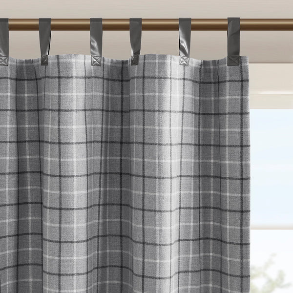 JLA Home Madison Park - Plaid Faux Leather Tab Top Curtain Panel with Fleece Lining for Insulation, Privacy & Machine Washable Grey MP40-8276