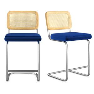 English Elm Farini Velvet Counter Height Bar Stools Set of 2 with Rattan Back, Cantilever Comfort & Floor Protectors Blue T3623P354968