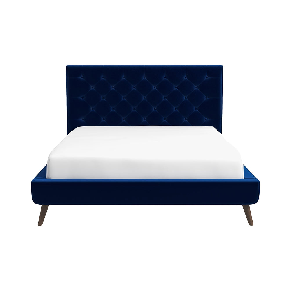English Elm Ashcroft Furniture - Dillon Elegant Blue Velvet Platform Bed - Mid-Century Modern Design With No-Box-Spring Required B183S00080