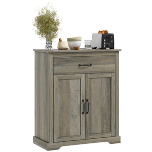 English Elm HOMCOM Farmhouse Sideboard Buffet Cabinet with Drawer & Adjustable Shelf, Gray Woodgrain Top Accent W2225P250000