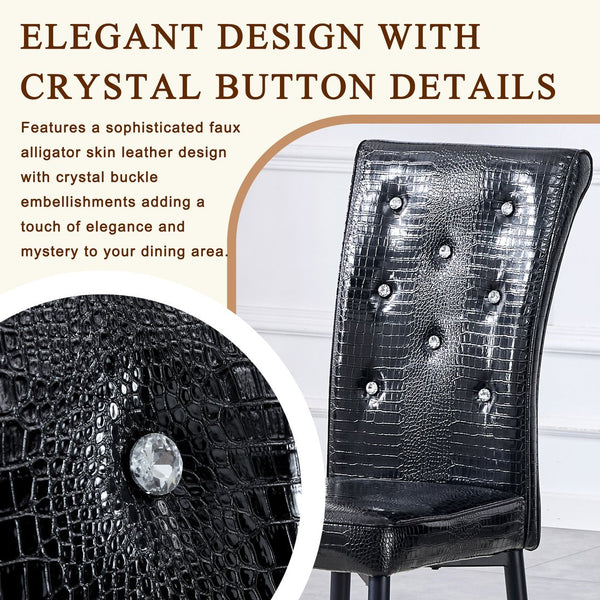 English Elm A Set of 2 Crystal Button Faux Leather Dining Chairs with Embossed Croc Texture Black W3226P344029