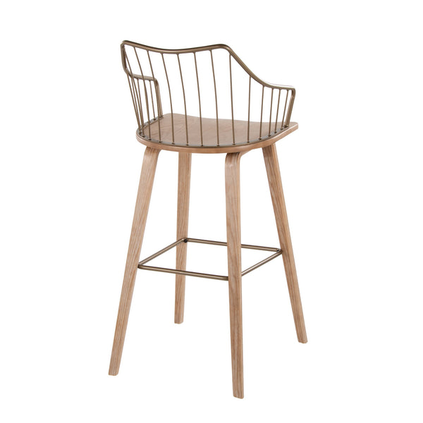 English Elm Fixed-height Farmhouse Barstool Whitewashed Spindle Back Antique Copper Frame Indoor B202P471174