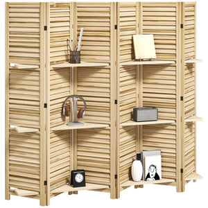 English Elm 6 Panel Paulownia Wood Louvered Room Divider with Shelves for Open Living Spaces Natural T3971P405887