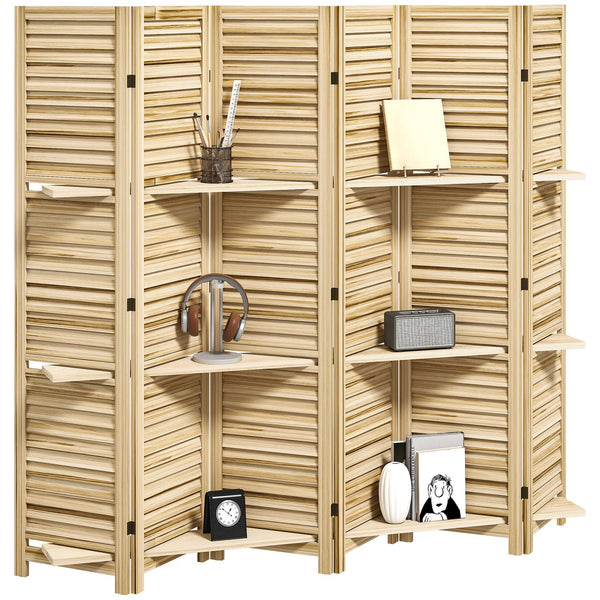 English Elm 6 Panel Paulownia Wood Louvered Room Divider with Shelves for Open Living Spaces Natural T3971P405887