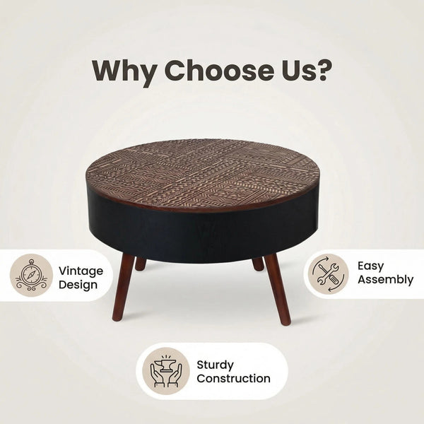English Elm 31.5-inch Round Carved Wood Coffee Table Vintage Distressed Finish Living Room Accent W3935P406032