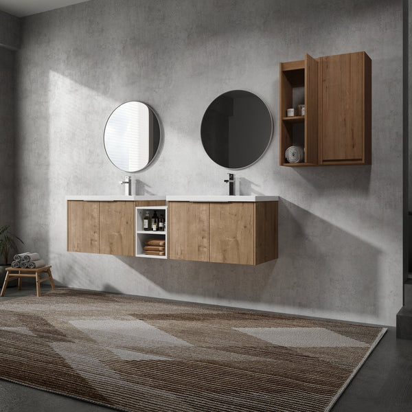 English Elm 72" Modern Wall-Mounted Bathroom Vanity Set With Soft-Close Doors, Resin Sinks & Extra Storage Space W999S00232