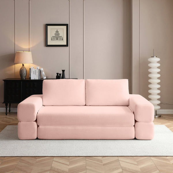 English Elm 81'' Corduroy Floor Sofa Convertible Loveseat Futon Sleeper with Foam Fill and Pillows Light Pink W1117P459735