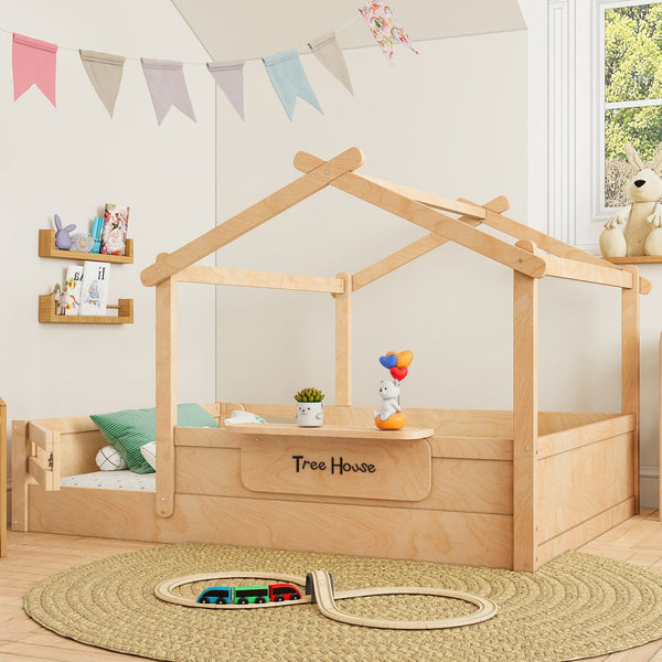 English Elm Twin Low Loft Bed Solid Pine Frame with Built-in Led Lighting and Storage Shelves Natural W1580P396333