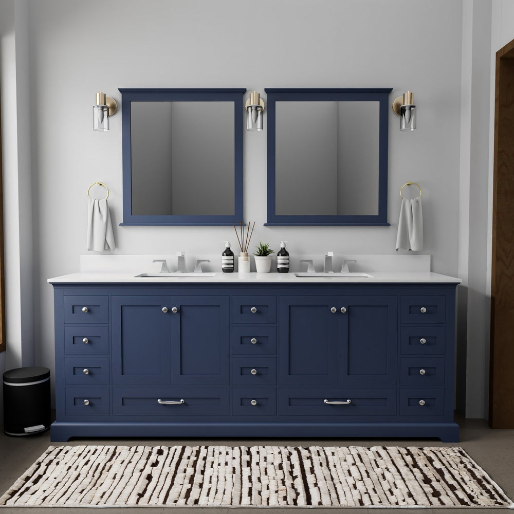 English Elm Navy Double Bath Vanity 84" W x 22" D with White Quartz Top, Chrome Faucets, 34" Mirrors, Durable Finish B2731S01042