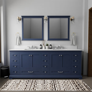 English Elm Navy Double Bath Vanity 84" W x 22" D with White Quartz Top, Chrome Faucets, 34" Mirrors, Durable Finish B2731S01042