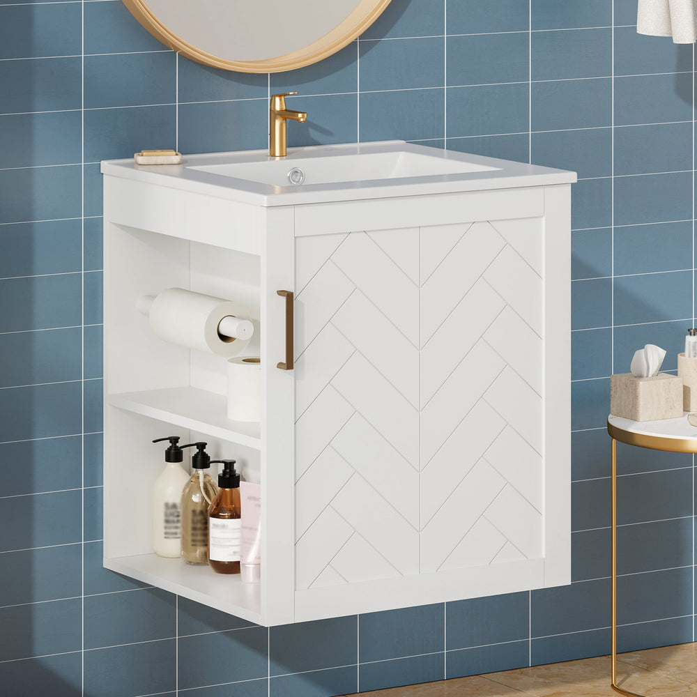 English Elm 20" Floating Bathroom Vanity with Ceramic Sink Soft Close Door and Open Side Shelf N710P332058K