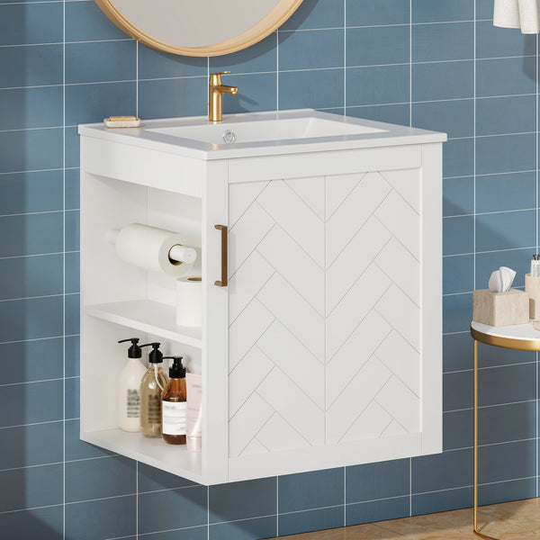 English Elm 20" Floating Bathroom Vanity with Ceramic Sink Soft Close Door and Open Side Shelf N710P332058K