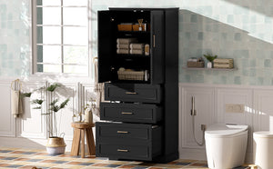 English Elm 72.2'' Tall Freestanding Bathroom Cabinet with 3 Drawers, Adjustable Shelf, Soft-Close Doors, Modern Elegant Design Black N729P296769B