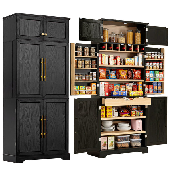 English Elm K&k Farmhouse Pantry Cabinet Tall Freestanding Kitchen Storage with Drawers Shelves Black N707P356567B