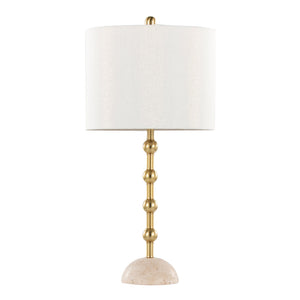 English Elm Table Lamp Set of 2 Travertine Stone Base with Brass Hardware and Warm Fabric Shade Gold,Off White B202P471584