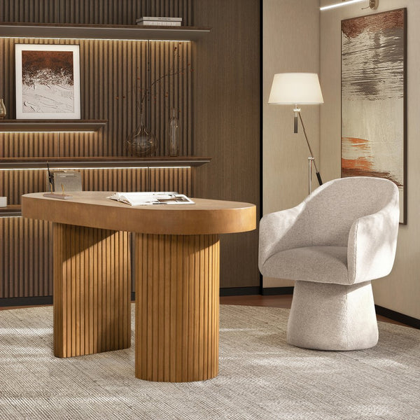 English Elm Jennifer Taylor Home - Jesse 55.5" Oval Fluted Console Desk in Honey Brown Rubberwood — Curved Top, Single Drawer, Sturdy Design B2719P277875