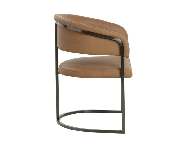 Sunpan MARRIS Dining Armchair - Stylish Gunmetal Frame with Milliken Cognac Faux Leather for Modern Spaces 112391
