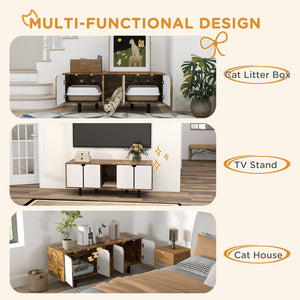 English Elm PawHut Multifunctional Hidden Litter Box TV Stand for Two Cats with Double Doors, Sand Pad, Vents Rustic Brown W2225P217295