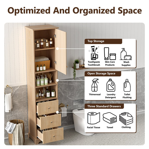 English Elm 67.7" Tall Freestanding Bathroom Cabinet with 3 Drawers, Open Shelves, Gold Handles, Anti-Tip Safety N729P335604O
