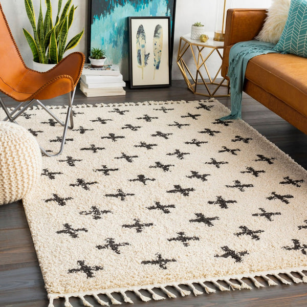 Livabliss Berber Shag Polypropylene Area Rug Moroccan Tribal Pattern with Fringe for Living Rooms Charcoal, Light 5'3" x 7'3" BBE2310-5373