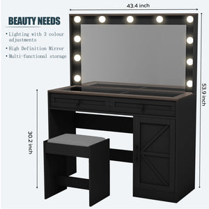 English Elm 43.4"Makeup Vanity Table with Large LED Mirror, Adjustable Brightness, 3 Drawers & Stool for Organized Glam Routine Black W2386P199525