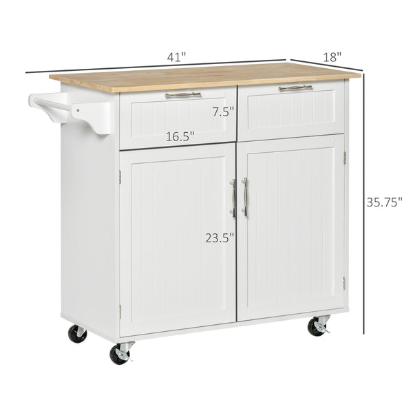 English Elm HOMCOM 41" Rolling Kitchen Island Cart with Rubberwood Top, Drawers, Shelves & Locking Casters W2225P173897