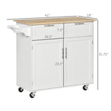 English Elm Homcom 41" Modern Rolling Kitchen Island On Wheels, Utility Cart Storage Trolley With Rubberwood Top & Drawers, White