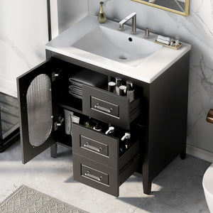 English Elm 30" Bathroom Vanity With Sink, Bathroom Vanity Cabinet With Two Drawers and Door, Adjustable Shelf, Solid Wood and Mdf, Black