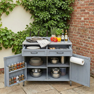 English Elm K&k Outdoor Prep Station Stainless Steel Top Fir Wood Cabinet with Drawer and Wheels Grey+Blue N707P370273G