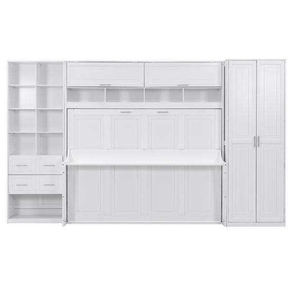 English Elm Queen Murphy Wall Bed Cabinet System with Wardrobe Drawers and Shelving in White Mdf LP000384AAK-1
