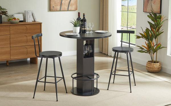 English Elm 3-piece Round Bar Set Mid-century Matte Finish Table with Wood Grain Stools Black W1162P433405