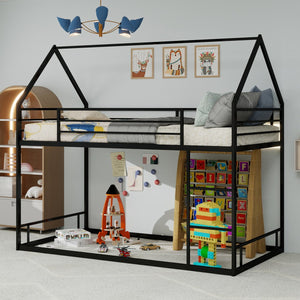 English Elm Metal Twin over Twin Bunk Bed Sturdy Heavy-Duty Frame with Silent Slats, 13" Guardrail & Ladder Black W1935P330797