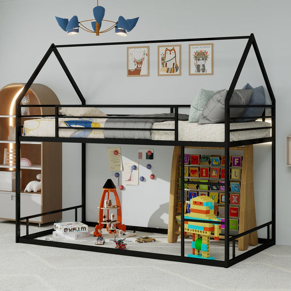 English Elm Metal Twin over Twin Bunk Bed Sturdy Heavy-Duty Frame with Silent Slats, 13" Guardrail & Ladder Black W1935P330797