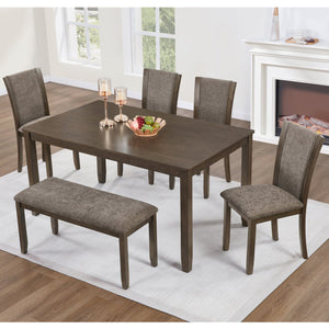 English Elm 6-Piece Rustic Dining Table Set With Bench & Chairs For 6, Dark Walnut Finish, Farmhouse Charm W1998S00086