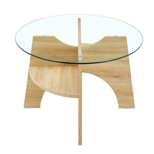English Elm Oval Tempered Glass Coffee Table with Wood Grain Legs and Built-in Fan Tray Shelf W1151P256007