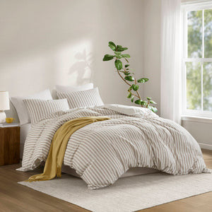 JLA Home Madison Park - 3PCS Linen-Cotton-Rayon Duvet Set with OEKO-TEX Comfort, Button Closure & Corner Ties, Breathable Stripes Tan MP12-8716