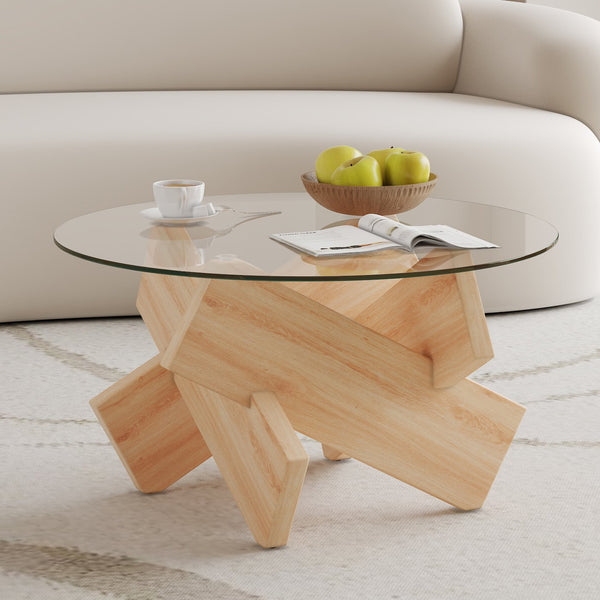 English Elm Circular Tempered Glass Round Coffee Table with Wood Tone Mdf Legs for Modern Living W1151P146792