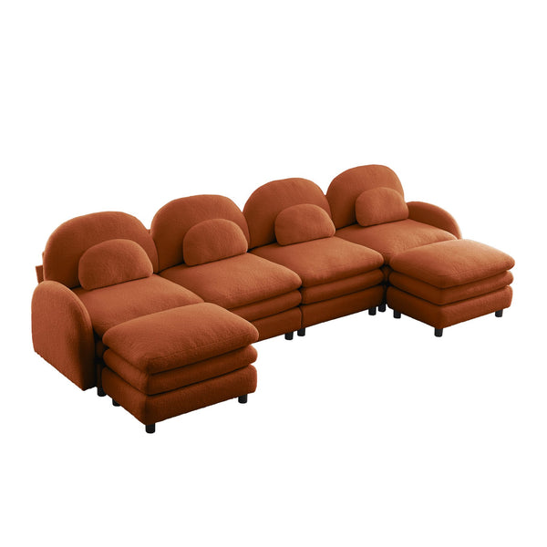 English Elm Teddy Fleece Curved Modular Sectional Sofa with Movable Ottomans for Cozy Living Rooms Orange W5656S00105