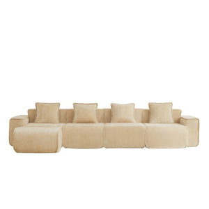English Elm Streamlined Modular L-shaped Sectional Velvet Sofa with Ottoman and Tailored Piping Detail Light Camel W3041S00355