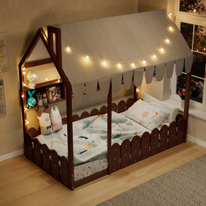 English Elm {slats Are Not Included} Twin Montessori House Floor Bed Kids Tent Lights Shelves Pinewood Frame Espresso N708P407962P