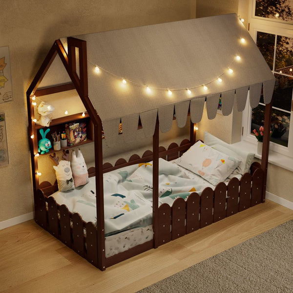 English Elm {slats Are Not Included} Twin Montessori House Floor Bed Kids Tent Lights Shelves Pinewood Frame Espresso N708P407962P