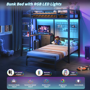 English Elm Bunk Bed Steel Frame with Rgb Lighting Charging Station Drawers and Folding Desk W1820P420816