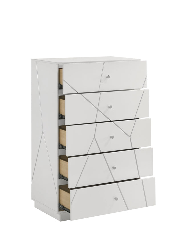 English Elm Manhattan Lacquer Chest with Geometric Front, 5 Smooth-Glide Drawers for Modern Bright Bedroom Storage G150108681