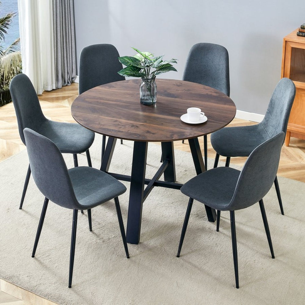 English Elm Table 7-Piece Modern Minimalist Dining Set: 42" Round Walnut Table & 6 Dark Gray Linen Chairs W1151S03754-GIGA