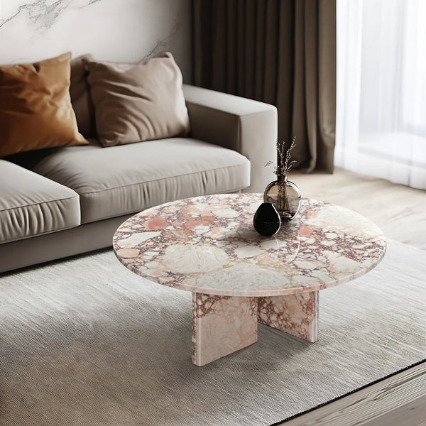 English Elm Pink Natural Marble Coffee Table – Elegant Round Design For Living Rooms, Versatile & Unique Décor W1696P314930-GIGA