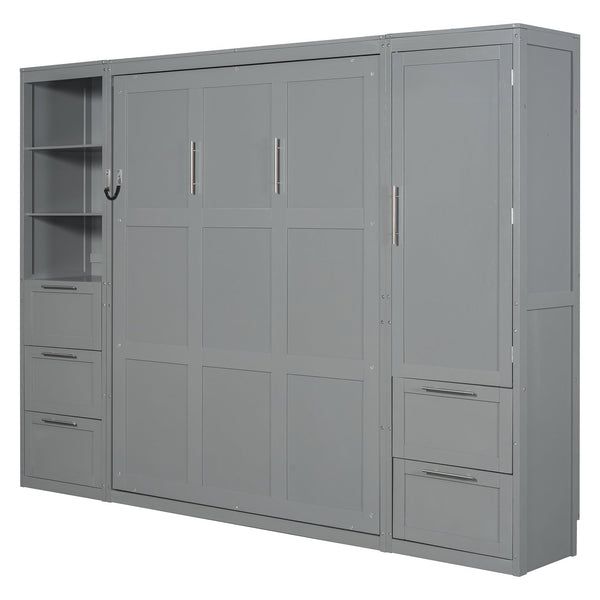 English Elm Queen Murphy Wall Bed with Wardrobe Drawers and Shelves for Studio or Guest Room Gray LP000865AAE-1